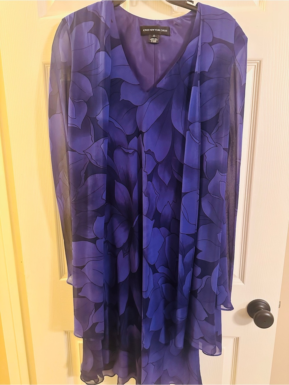 Jones New York Silk Purple Floral Long Sheer Sleeve Dress Built in Layered Look